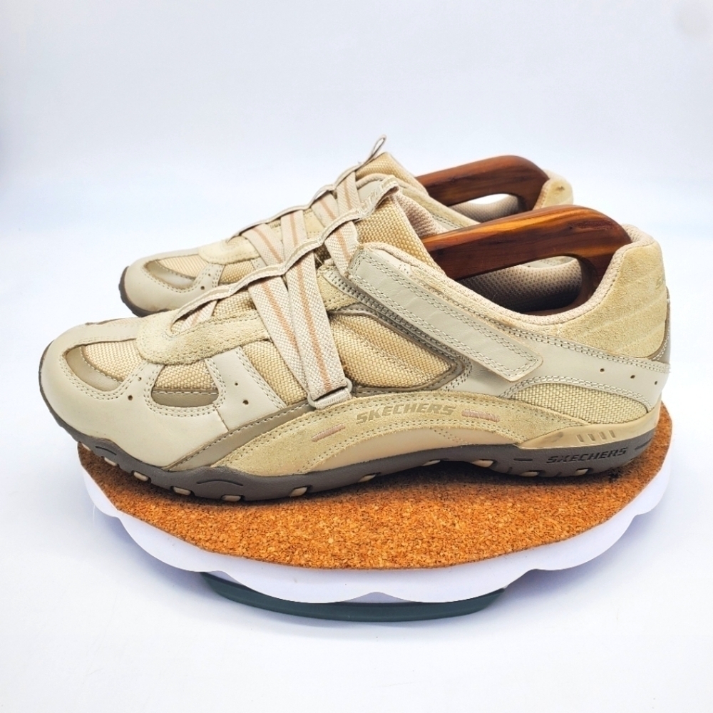 Skechers Womens Intuition Zig Zag Sneakers 8.5 Shoes Beige 21746 Mesh Leather